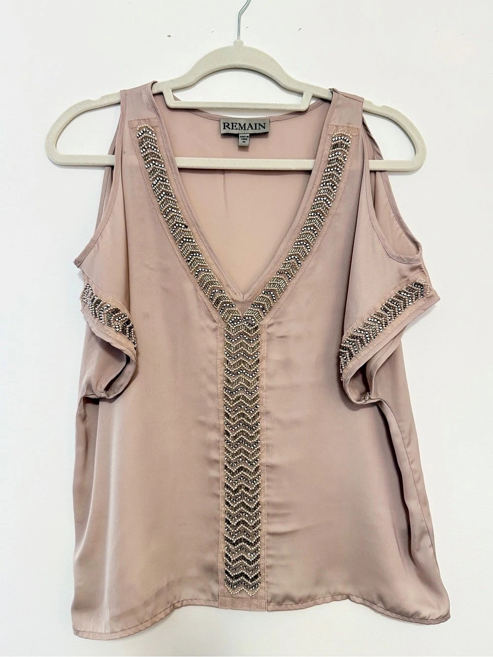 Remain Beaded Cold Shoulder Top Women's M V-Neck Embellished Satin Blouse